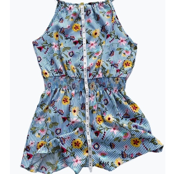 ✨NEW!✨ AQUA  Spring Blue Floral Striped Cinched Waist Romper - Small - Picture 8 of 9